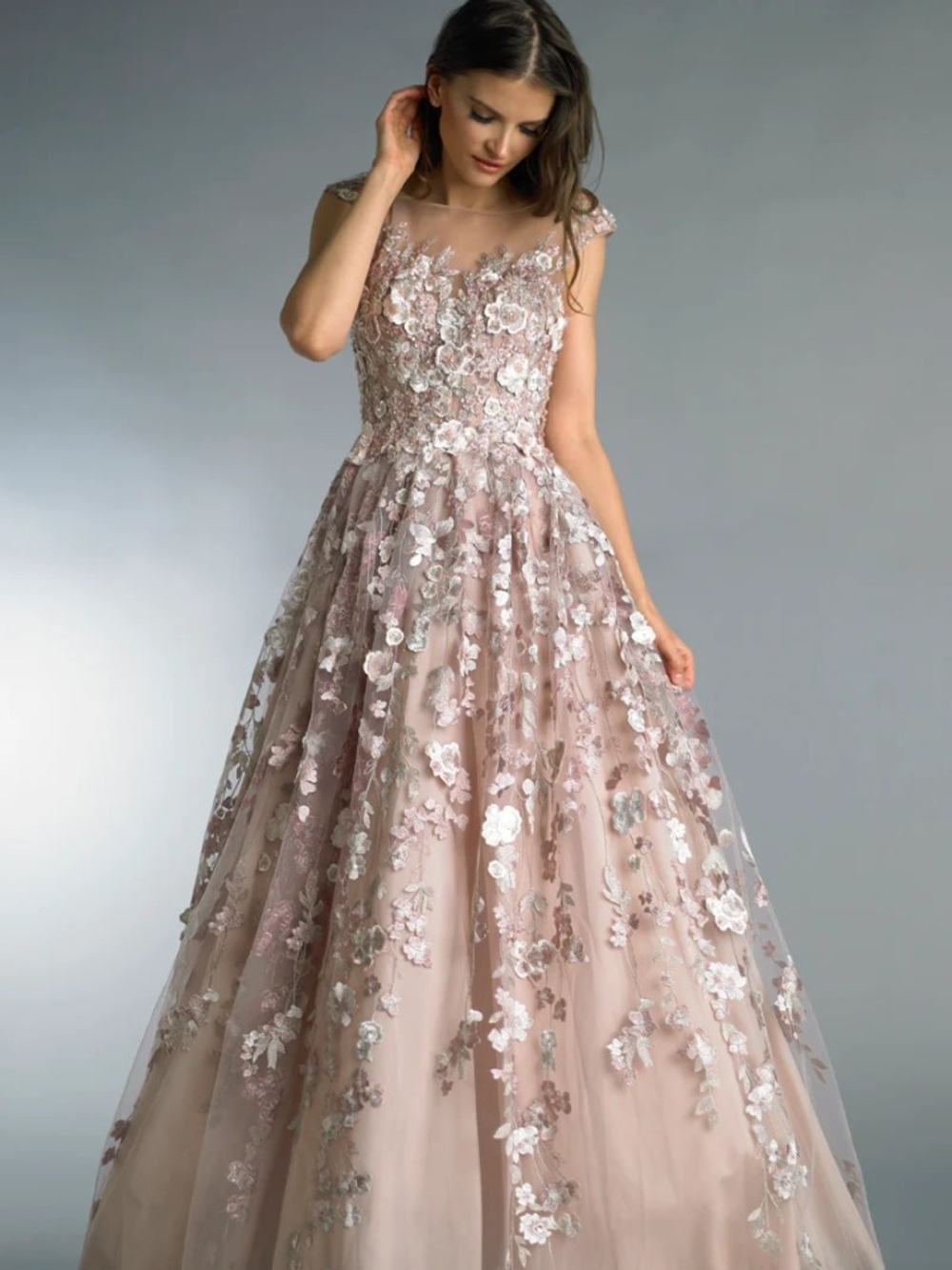 ElegantBasix Black Label Blush Pink Floral Appliqué Evening Gown